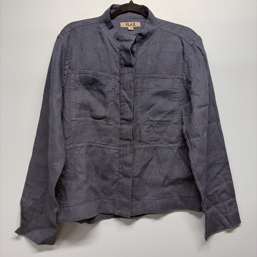 Flax Women’s Small Blue Linen Button-Up Military Jacket Pockets Lightweight NWOT